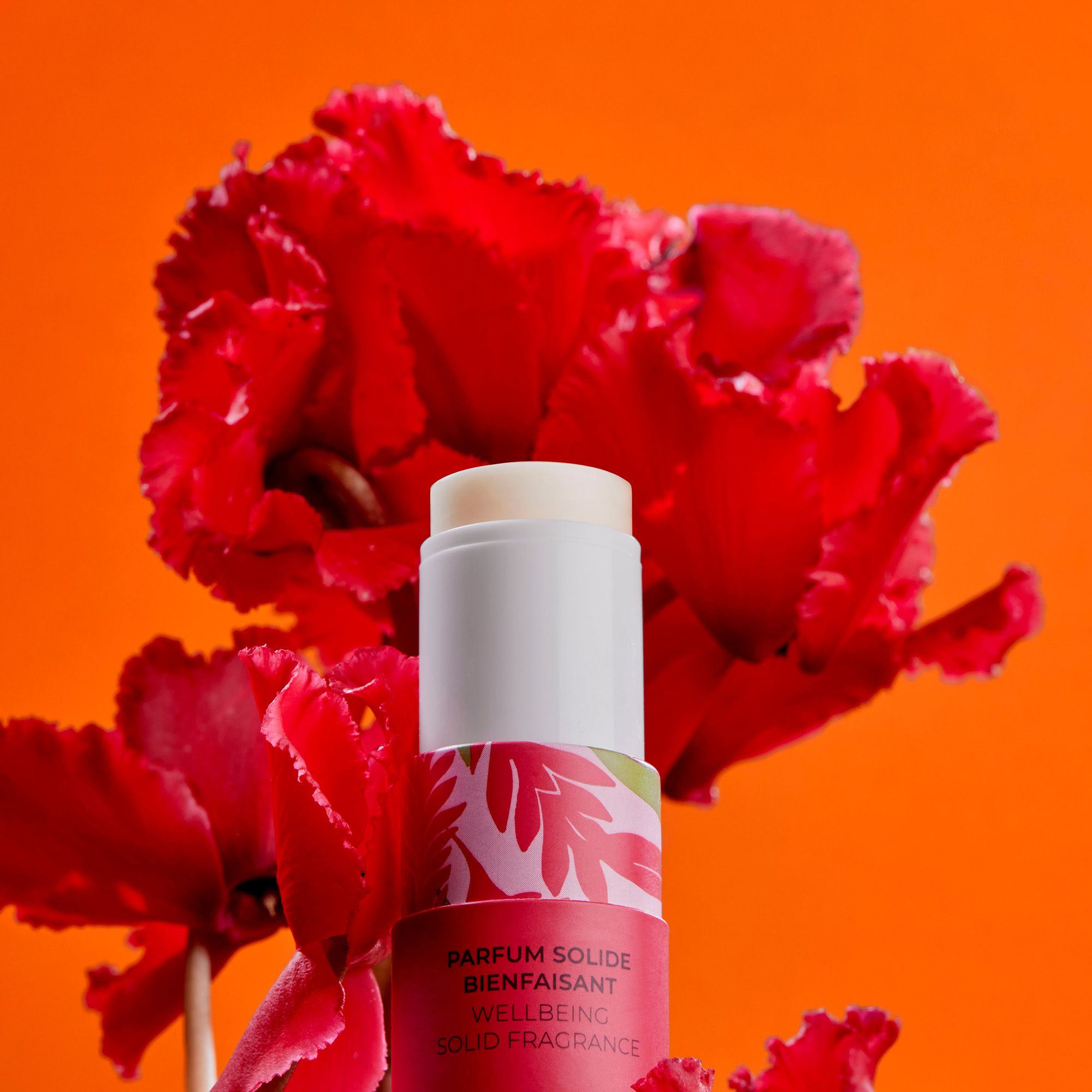 Produit en emballage cylindrique, ouvert. Inscription: Roger & Gallet, Parfum Solide, Gingembre Rouge. Fond: fleurs rouges.