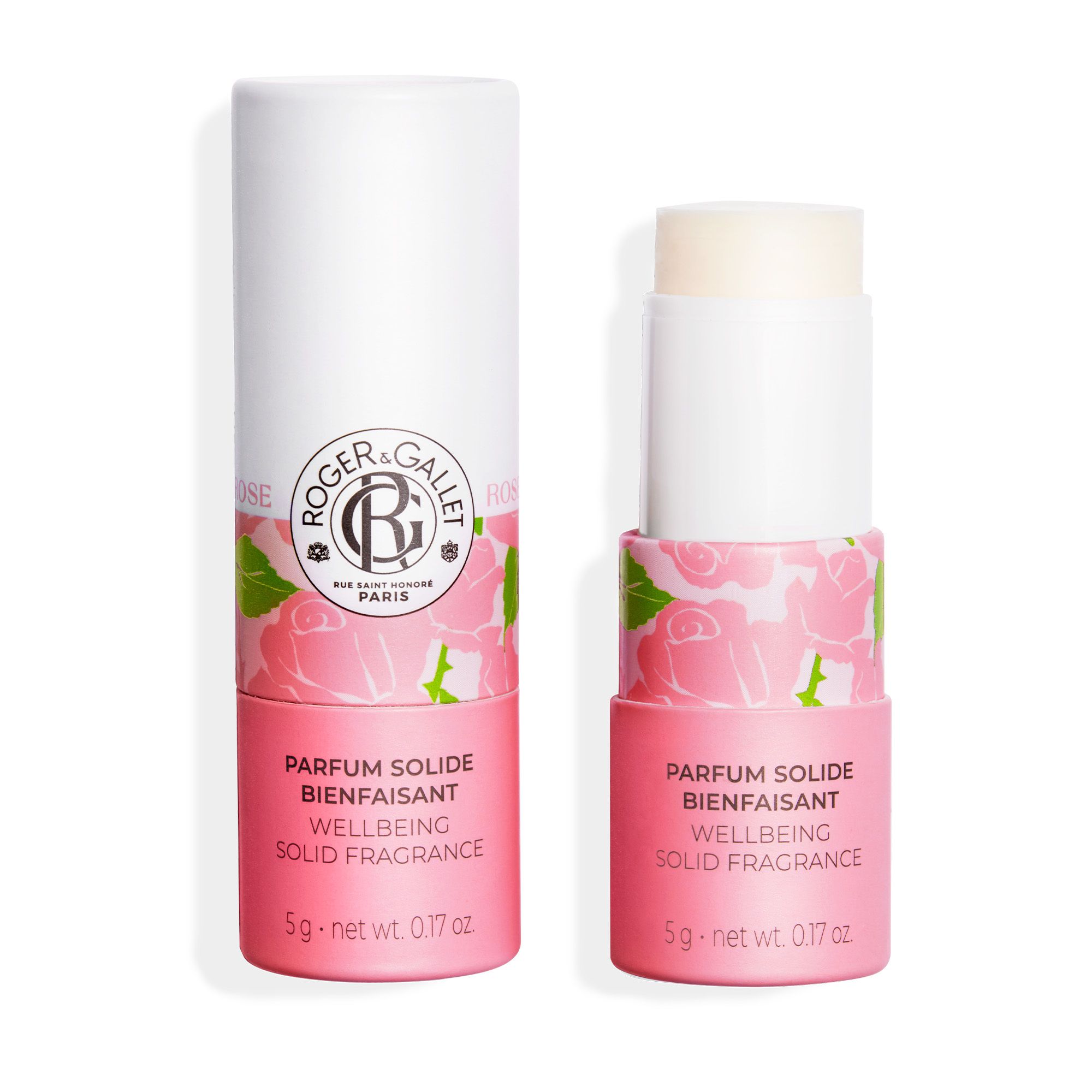 Emballage cylindrique. Produit ouvert. Couvercle blanc, base rose avec motif floral. Logo et texte: Roger&Gallet, Parfum Solide.
