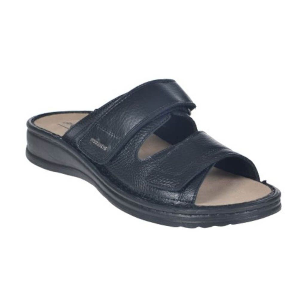 Sandale noire avec fermeture velcro. Dessus en cuir, semelle intérieure beige. Marque Podartis.
