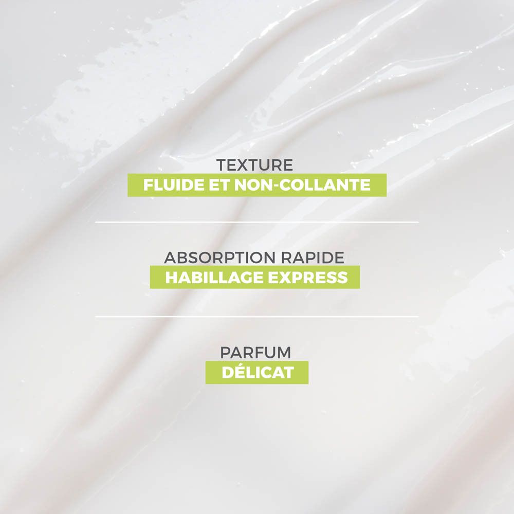 Flacon blanc avec pompe verte. Texte: Aide à prévenir la sécheresse, protège des agressions extérieures.