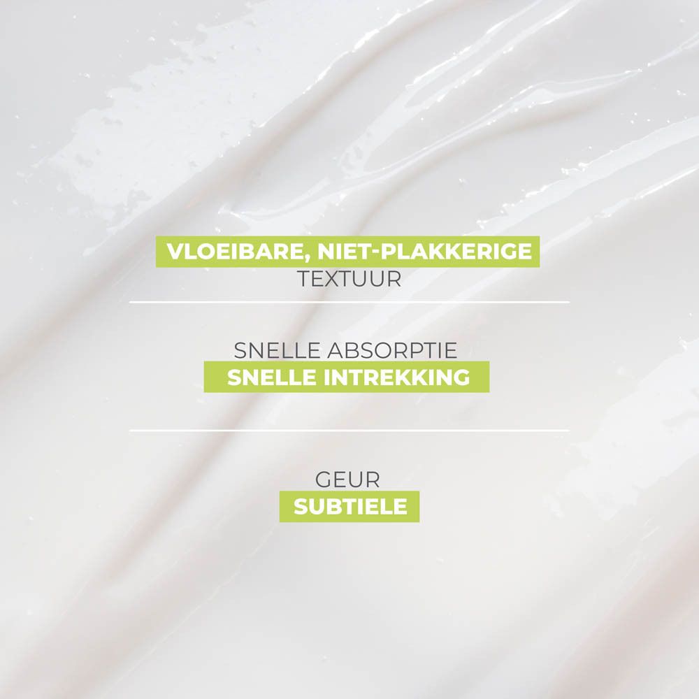 Witte fles met groene pomp. Tekst: Helpt uitdroging te voorkomen, beschermt tegen externe agressies.