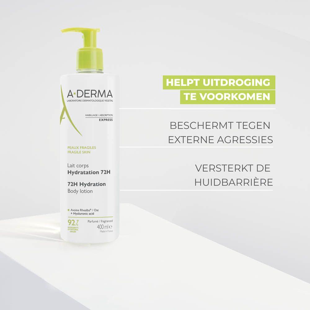 Witte fles met groene pomp. Tekst: Dermatologisch en pediatrisch getest, 92% ingrediënten van natuurlijke oorsprong.