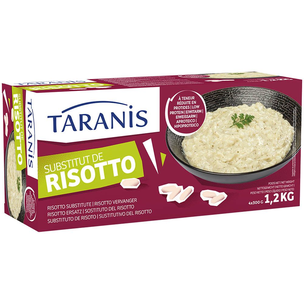 Boîte de Substitut de Risotto Taranis. Contient un bol de risotto et des morceaux de riz. Inscription: Substitut de Risotto.