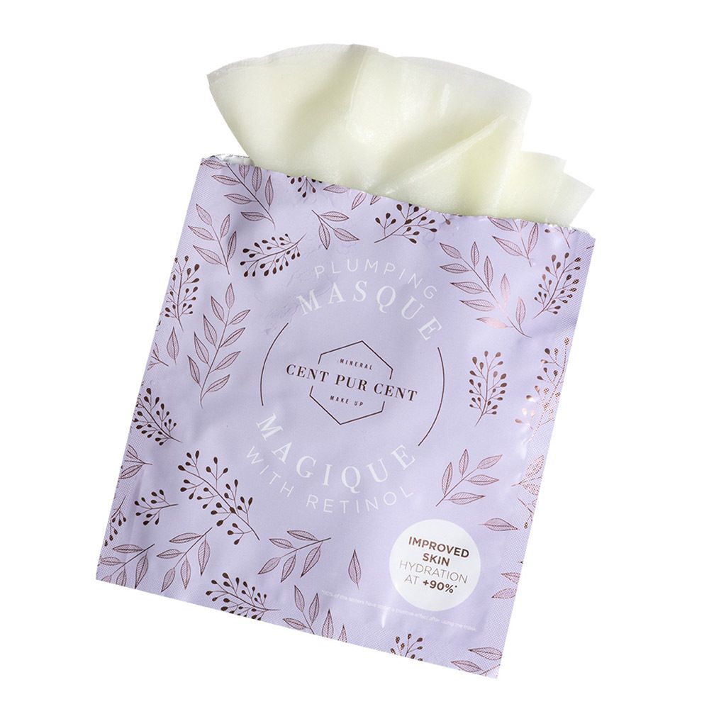 Verpakking van Cent Pur Cent Plumping Masque. Paarse achtergrond met bloemmotief en productinformatie.
