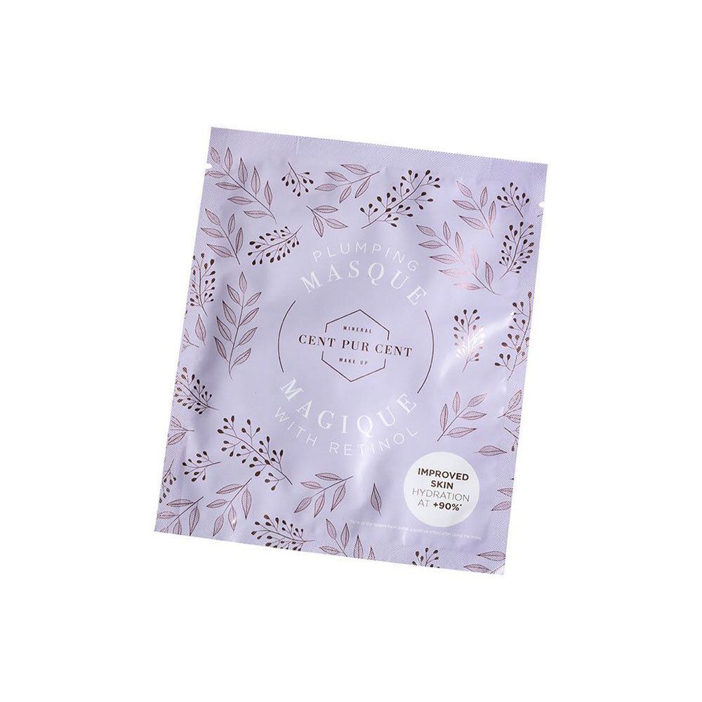 Verpakking van Cent Pur Cent Plumping Masque. Paarse achtergrond met bloemmotief en productinformatie.