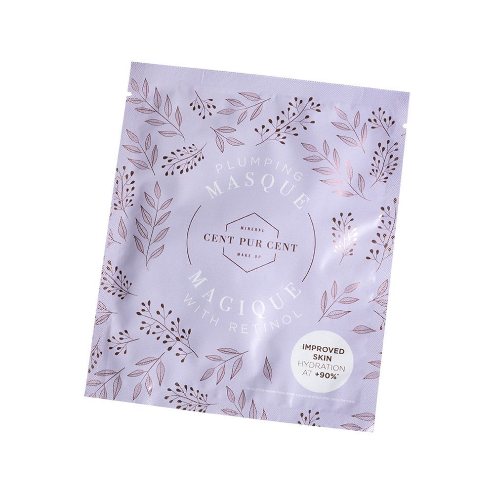Verpakking van Cent Pur Cent Plumping Masque met uitstekend gezichtsmasker. Paarse achtergrond met bloemmotief.