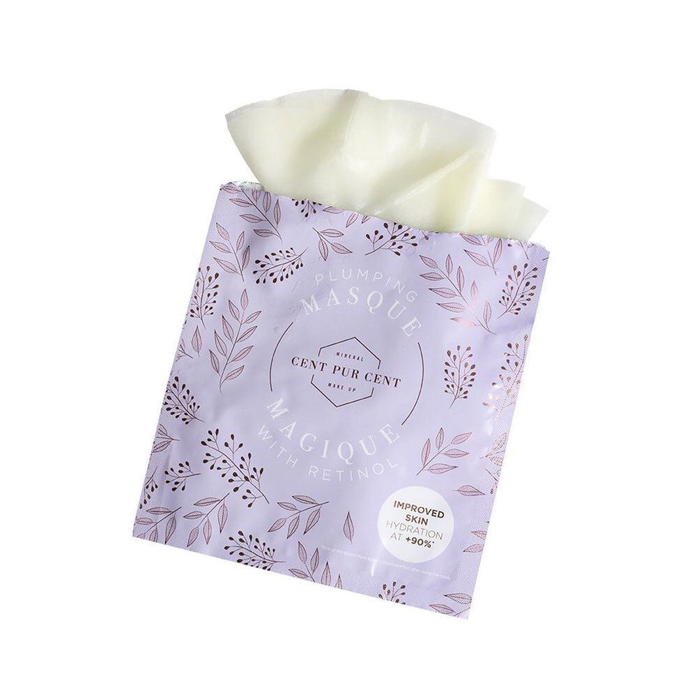 Verpakking van Cent Pur Cent Plumping Masque met uitstekend gezichtsmasker. Paarse achtergrond met bloemmotief.