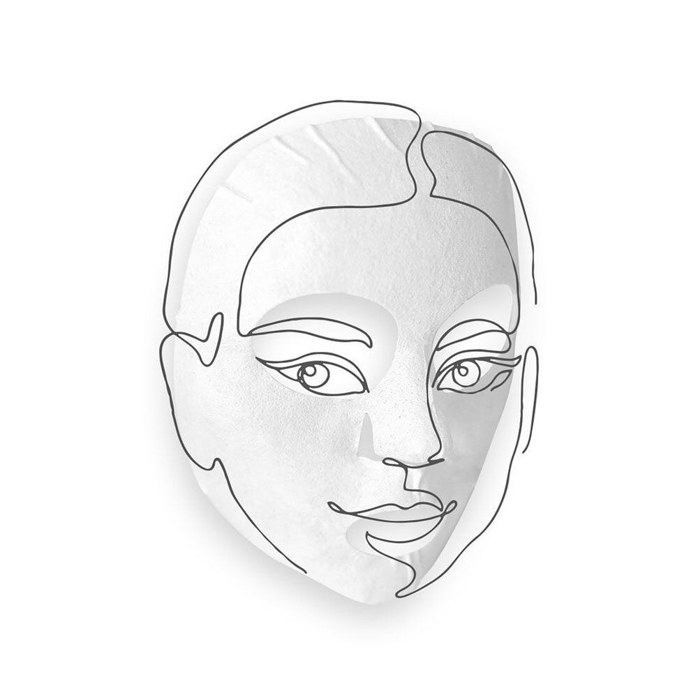 Gezichtsmasker in de vorm van een gezicht, met contourlijn. Wit materiaal.