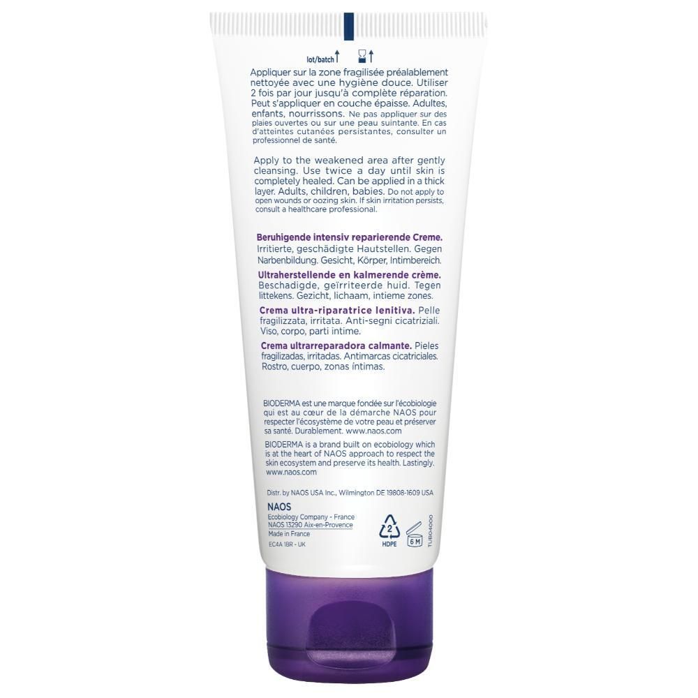 Tube blanc avec bouchon violet. BIODERMA, Cicabio Crème+ et informations produit imprimées. Logo NAOS.