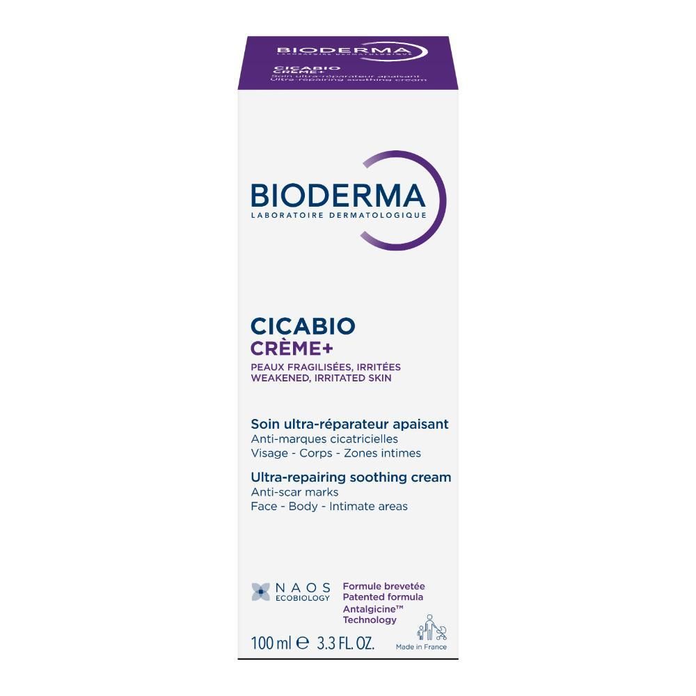 Boîte. BIODERMA, Cicabio Crème+ et informations produit. Violet et blanc. Logo NAOS.