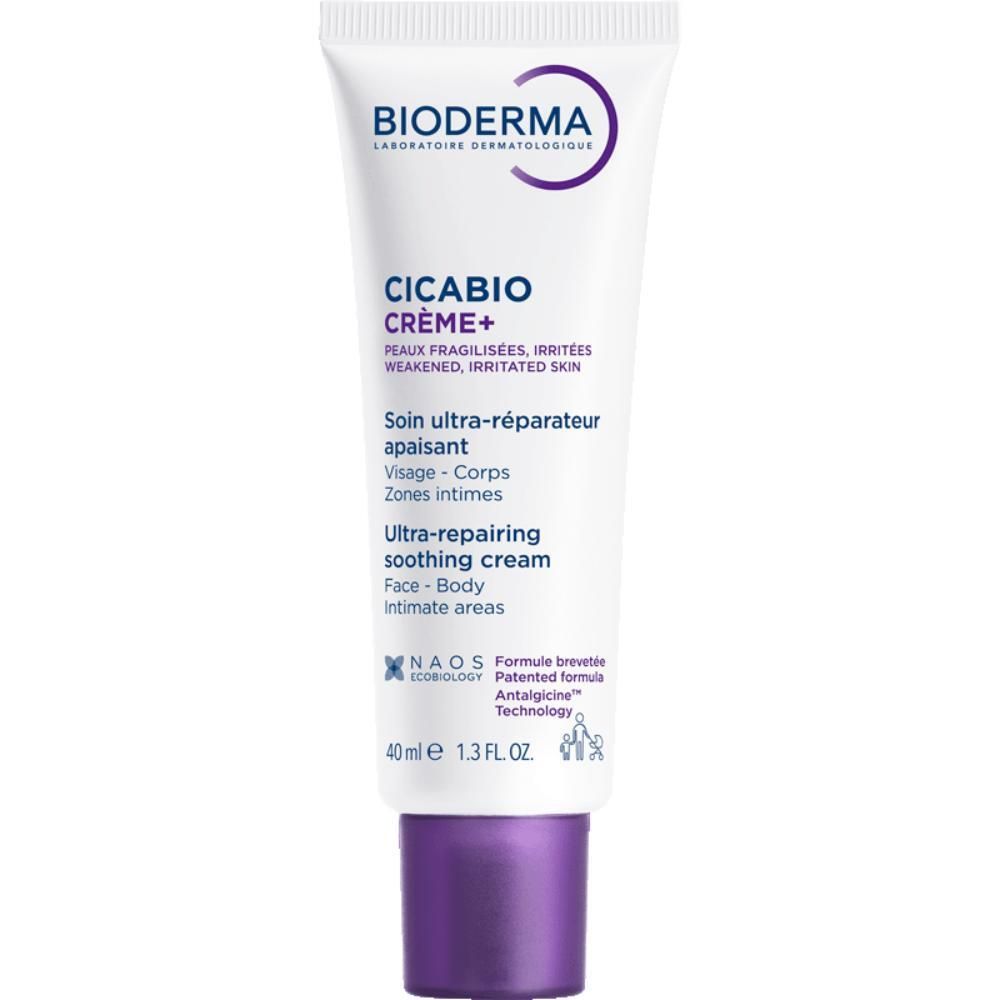 Tube blanc, bouchon violet. Inscriptions: BIODERMA, Cicabio Crème+. Textes en français et anglais. 40 ml.