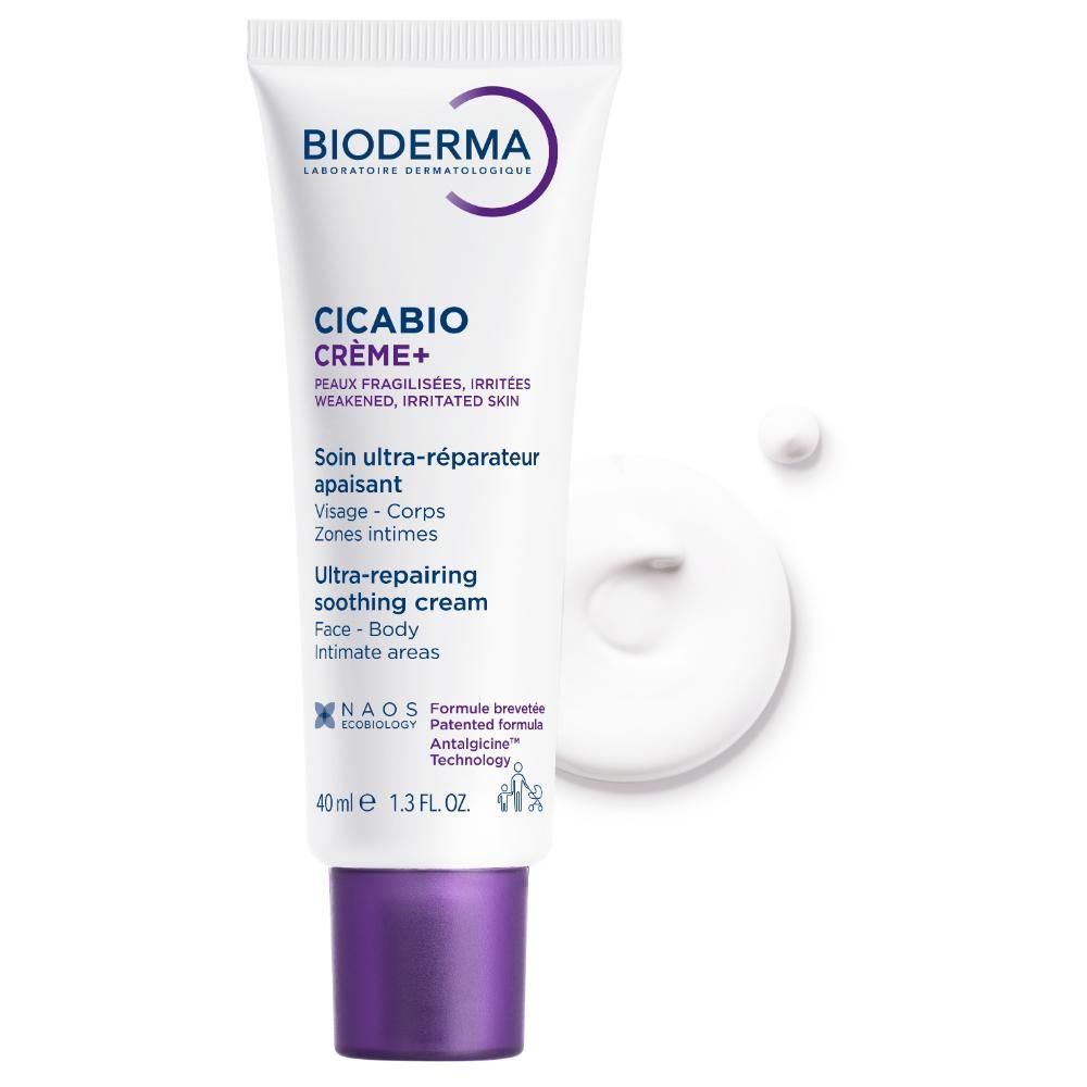 Product en crème. Witte tube met paarse dop. Crème ernaast. Opschrift: BIODERMA, Cicabio Crème+.