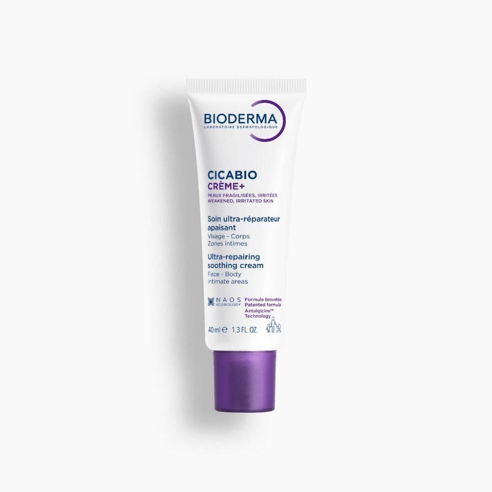 Tube blanc, bouchon violet. Inscriptions: BIODERMA, Cicabio Crème+. Textes en français et anglais. 40 ml.
