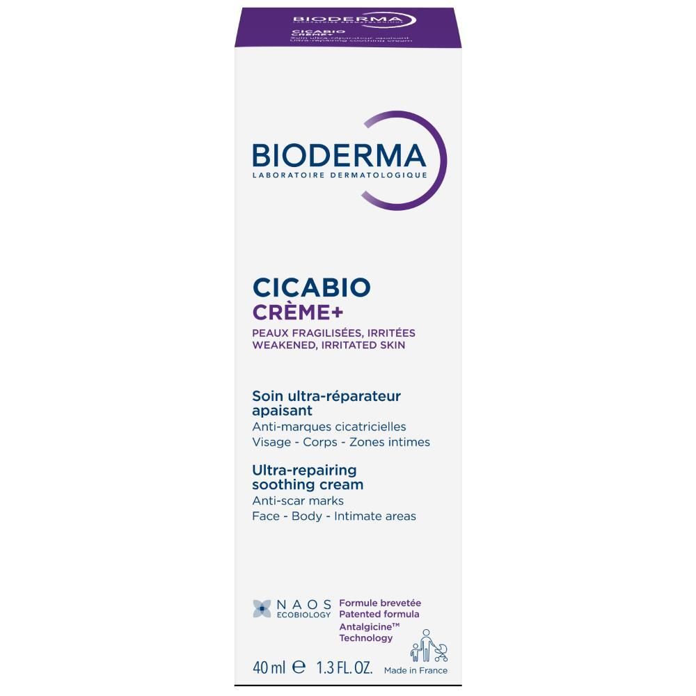 Emballage. Boîte avec BIODERMA, Cicabio Crème+. Textes en français et anglais. 40 ml.