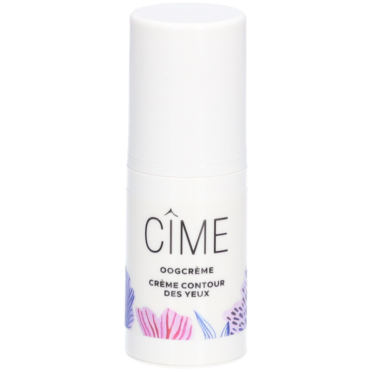 Tube blanc avec bouchon. Inscription : Cîme, Oogcrème Crème Contour des Yeux. Illustrations florales.