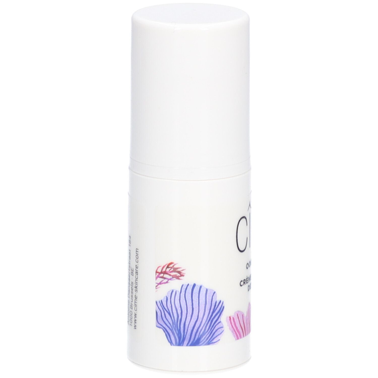 Tube blanc avec bouchon. Inscription : Cîme, Oogcrème Crème Contour des Yeux. Illustrations florales.