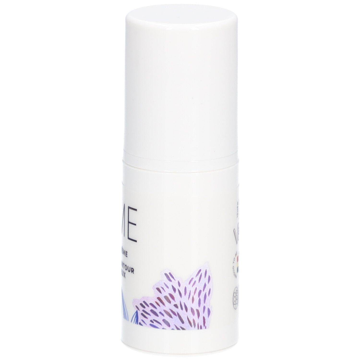 Tube blanc avec bouchon. Inscription : Cîme, Oogcrème Crème Contour des Yeux. Illustrations florales.