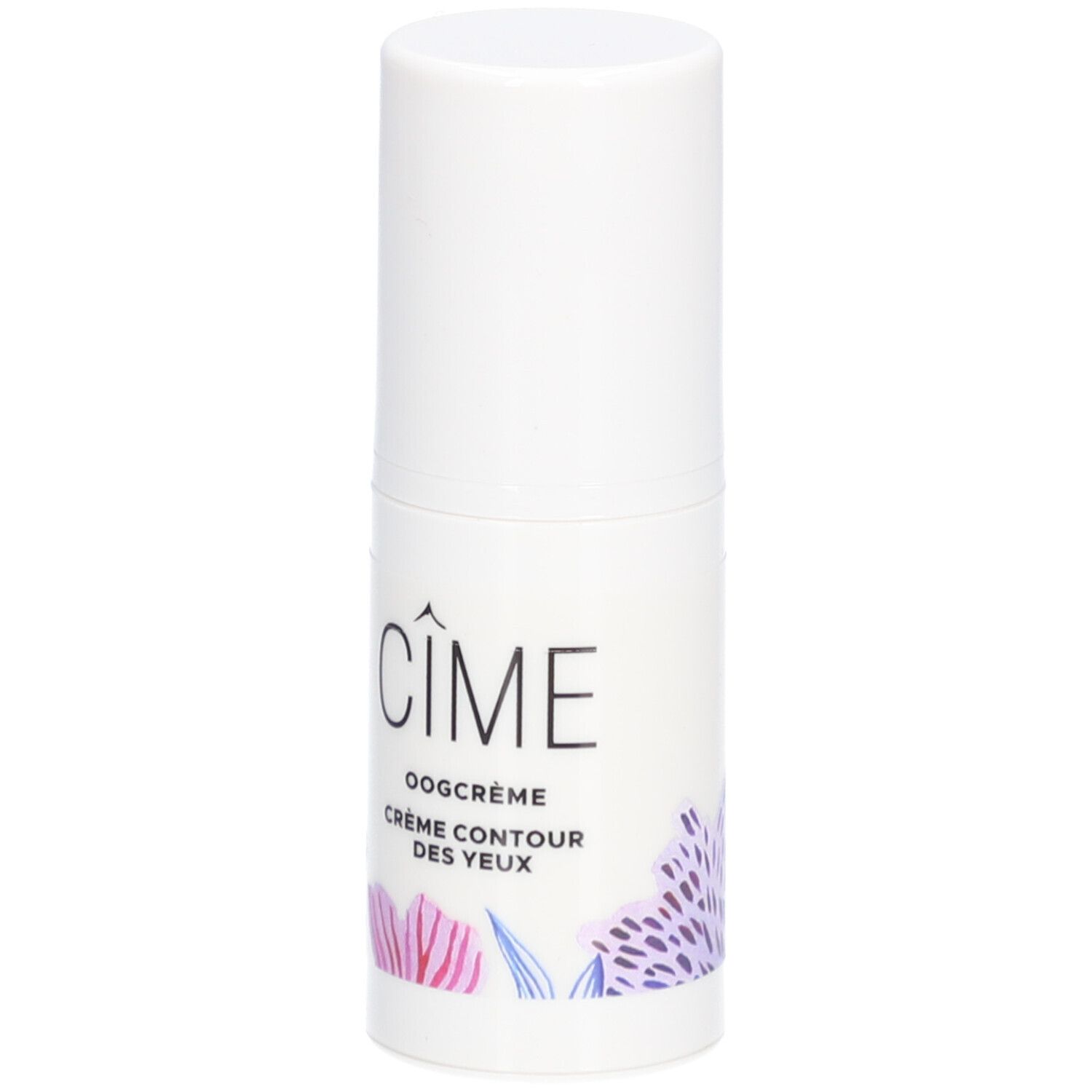 Tube blanc avec bouchon. Inscription : Cîme, Oogcrème Crème Contour des Yeux. Illustrations florales.