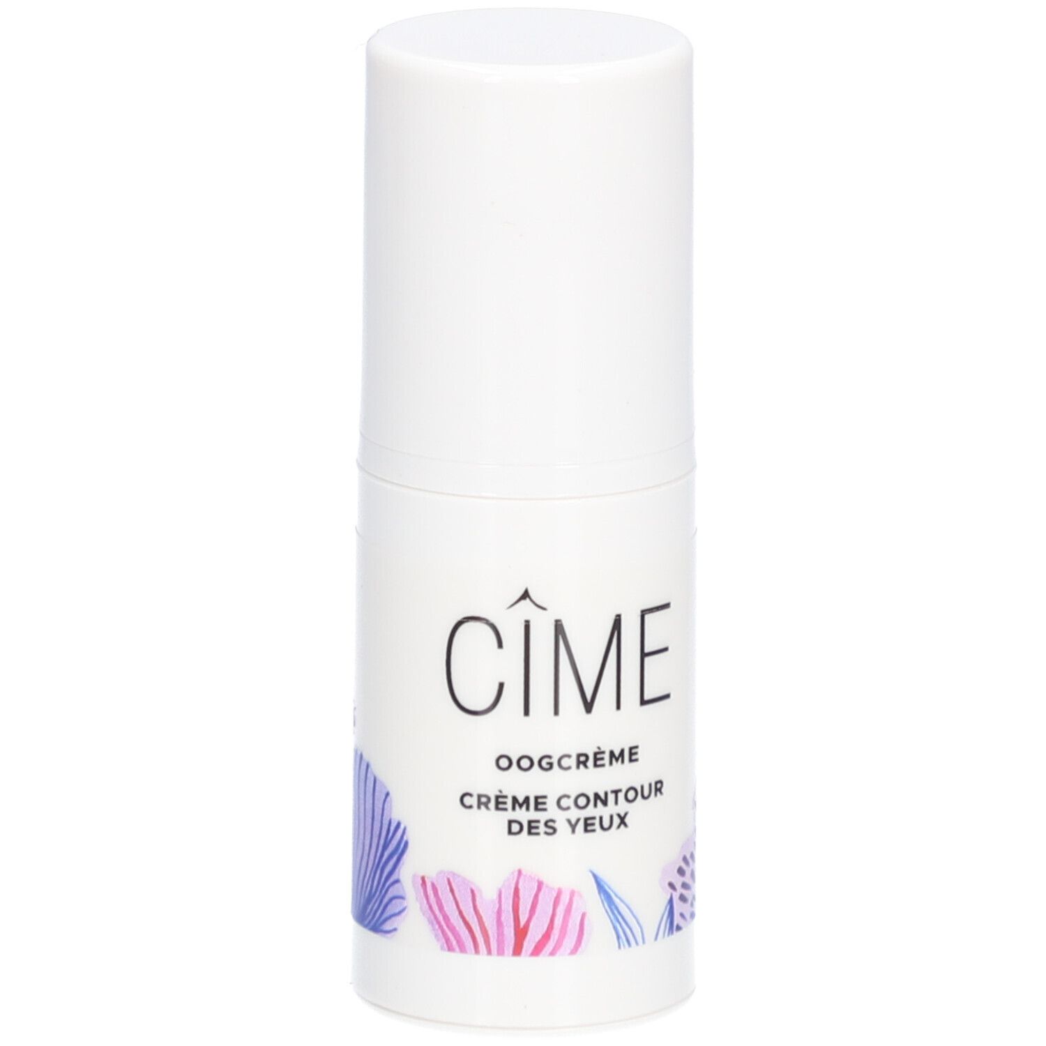 Tube blanc avec bouchon. Inscription : Cîme, Oogcrème Crème Contour des Yeux. Illustrations florales.