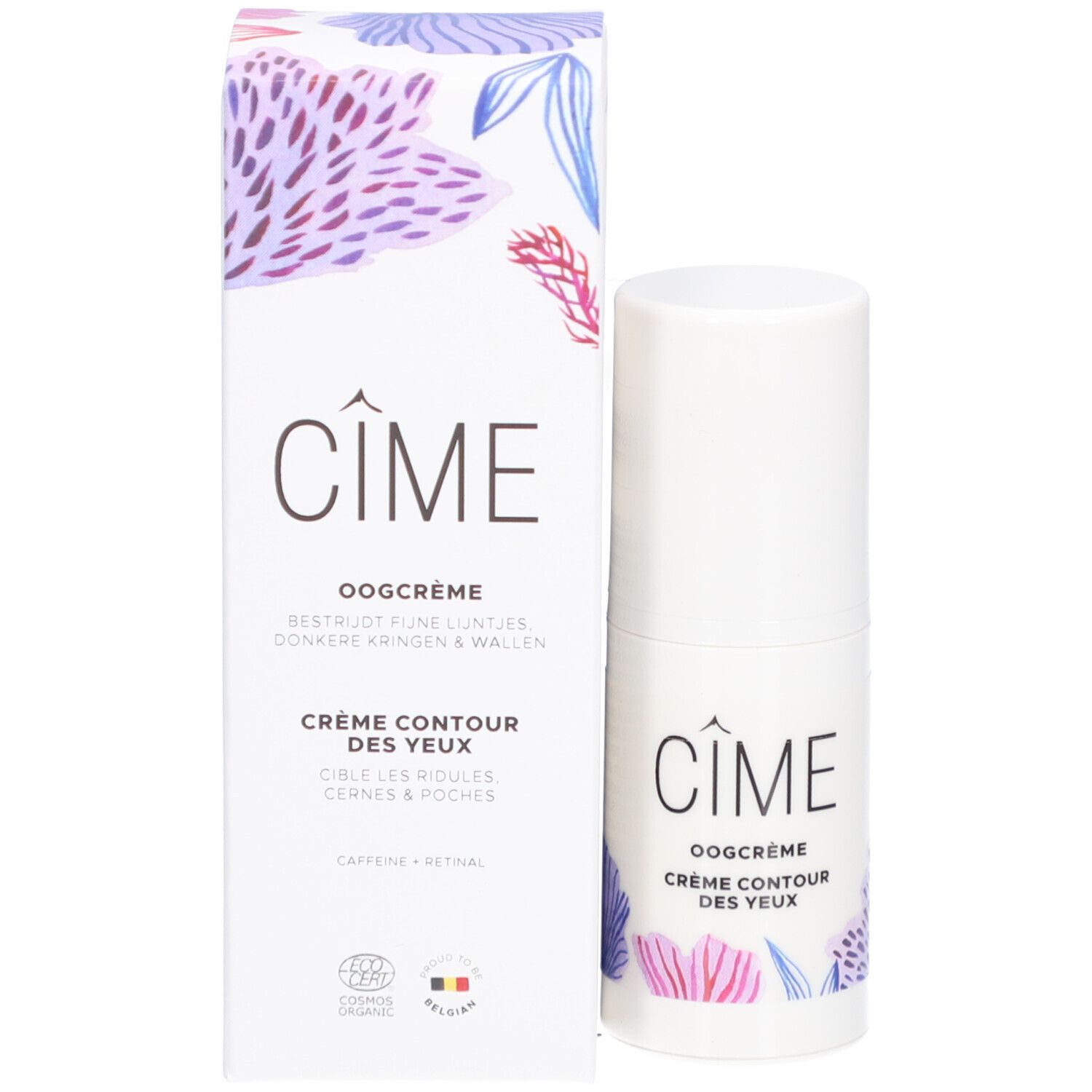 Produit et emballage. Tube et boîte blancs. Inscription : Cîme, Oogcrème Crème Contour des Yeux.