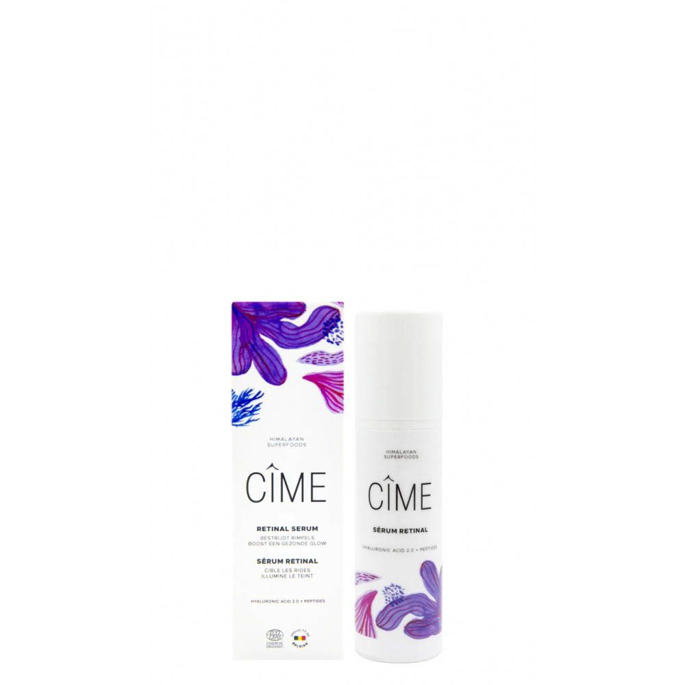 Productverpakking met fles. Fles en doos met Cîme-logo en bloemmotief. Tekst: Sérum Rétinal.