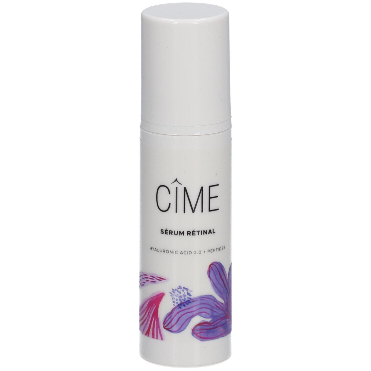 Witte fles met Cîme-logo en bloemmotief. Tekst: Sérum Rétinal, Hyaluronzuur 2.0 + Peptiden.