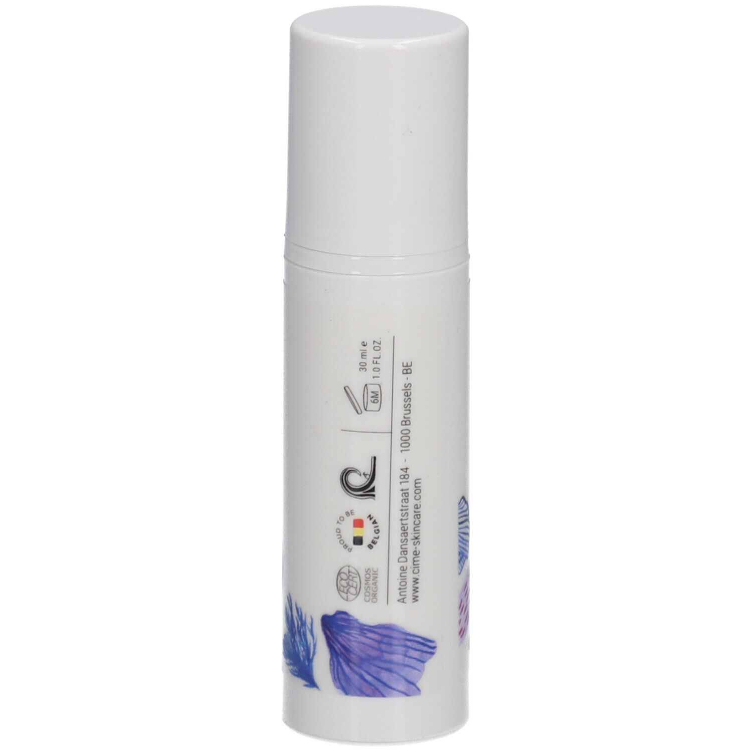 Witte fles met Cîme-logo en bloemmotief. Achterkant met tekst, logo's en certificeringen. Witte dop.