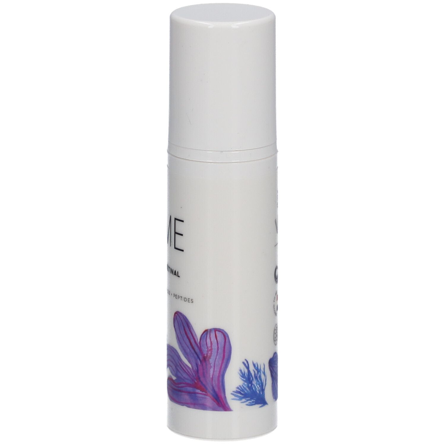 Witte fles met Cîme-logo en bloemmotief. Tekst: Sérum Rétinal, Hyaluronzuur 2.0 + Peptiden. Witte dop.