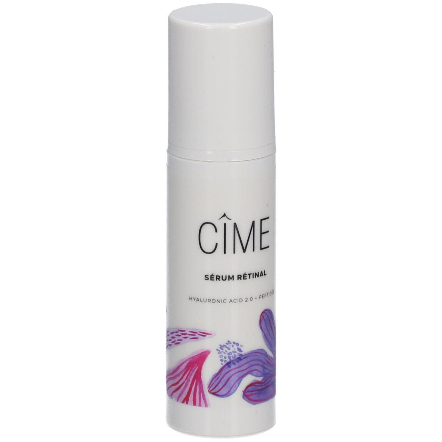 Witte fles met Cîme-logo en bloemmotief. Tekst: Sérum Rétinal, Hyaluronzuur 2.0 + Peptiden. Witte dop.