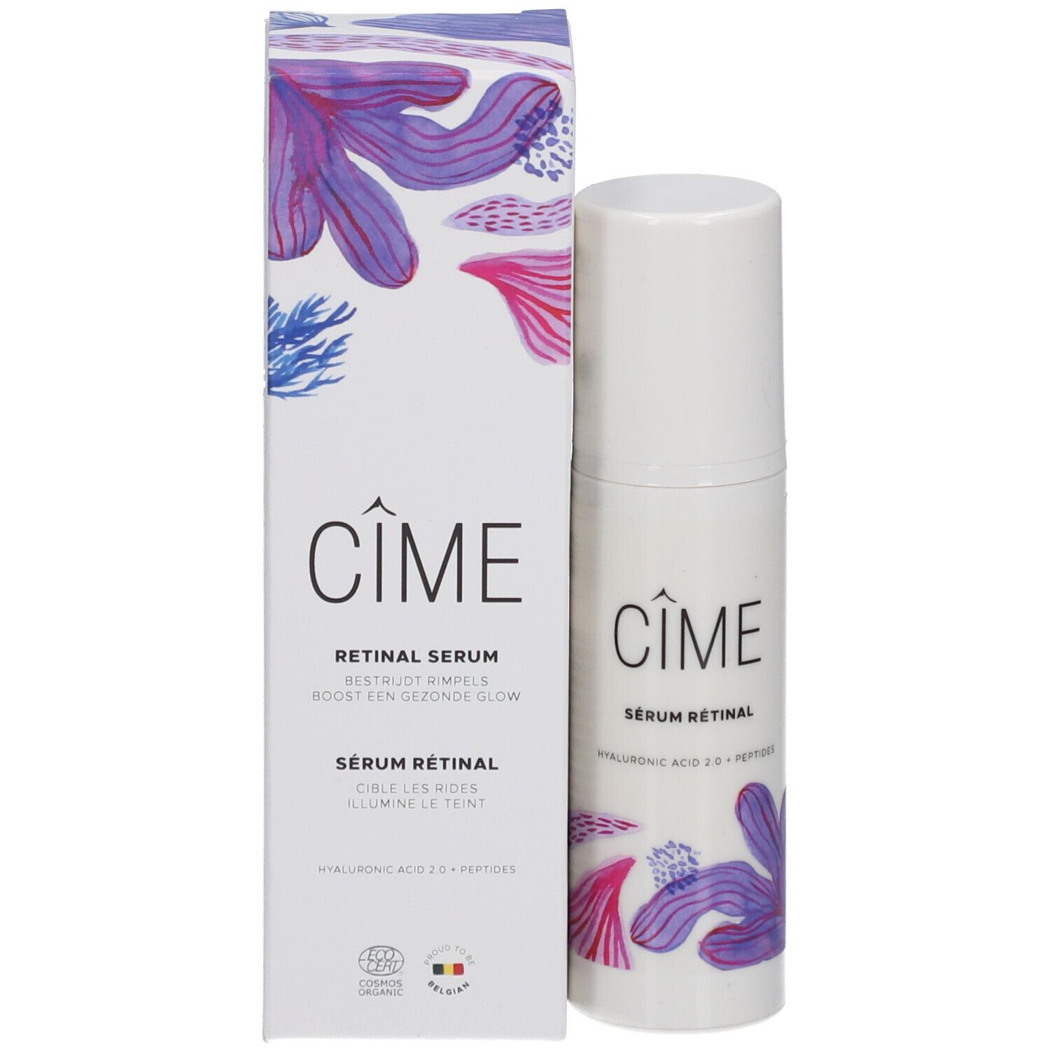 Productverpakking met fles. Fles en doos met Cîme-logo en bloemmotief. Tekst: Sérum Rétinal.