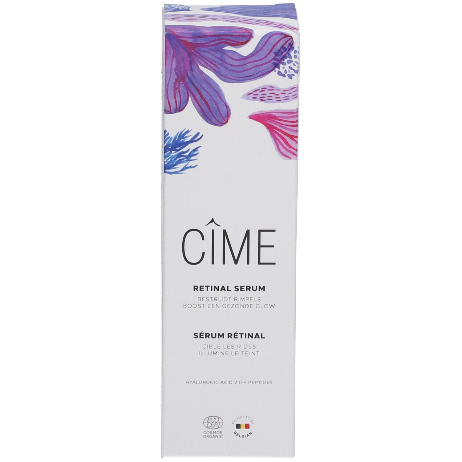 Productverpakking. Doos met Cîme-logo en bloemmotief. Tekst: Sérum Rétinal, Sérum Rétinal.