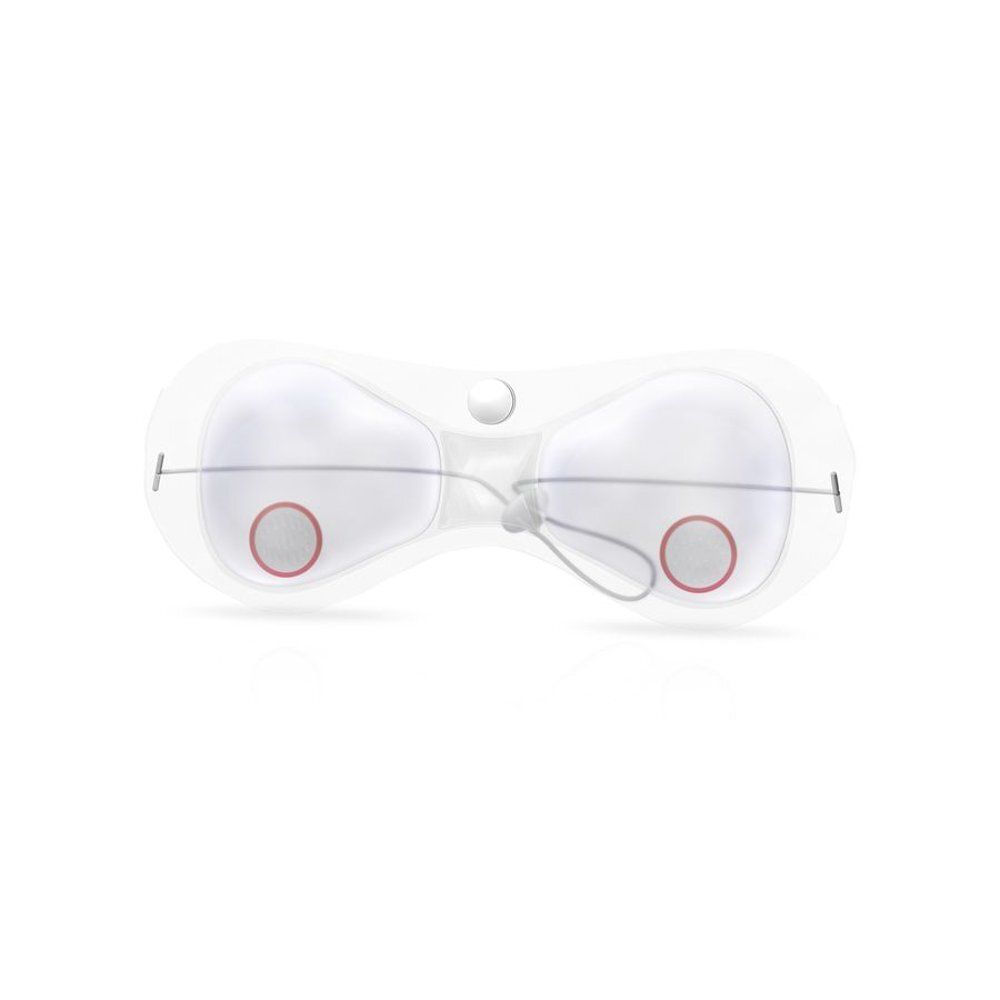 Posiforlid oogmasker op witte achtergrond, met verpakking en een vrouw die het draagt.