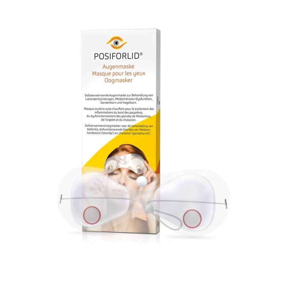 Posiforlid oogmasker op witte achtergrond, met verpakking en een vrouw die het draagt.