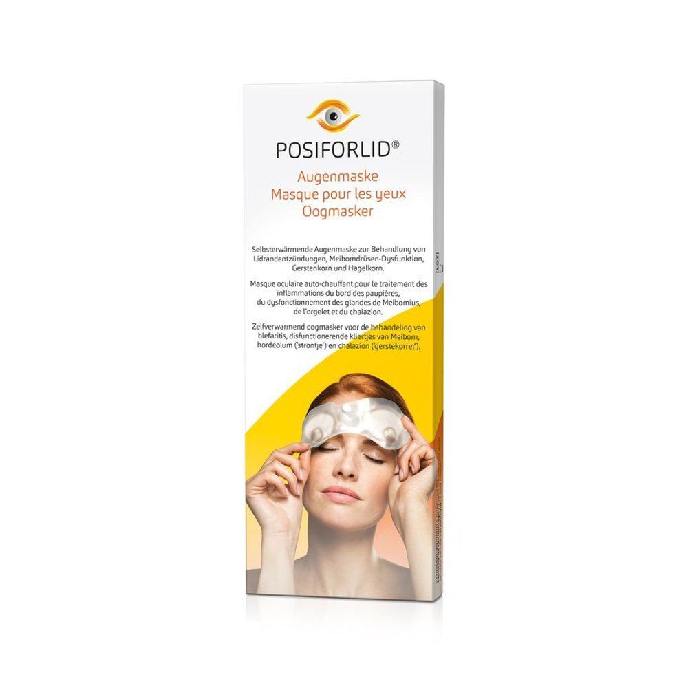 Masque oculaire Posiforlid sur fond blanc, avec emballage et une femme le portant.