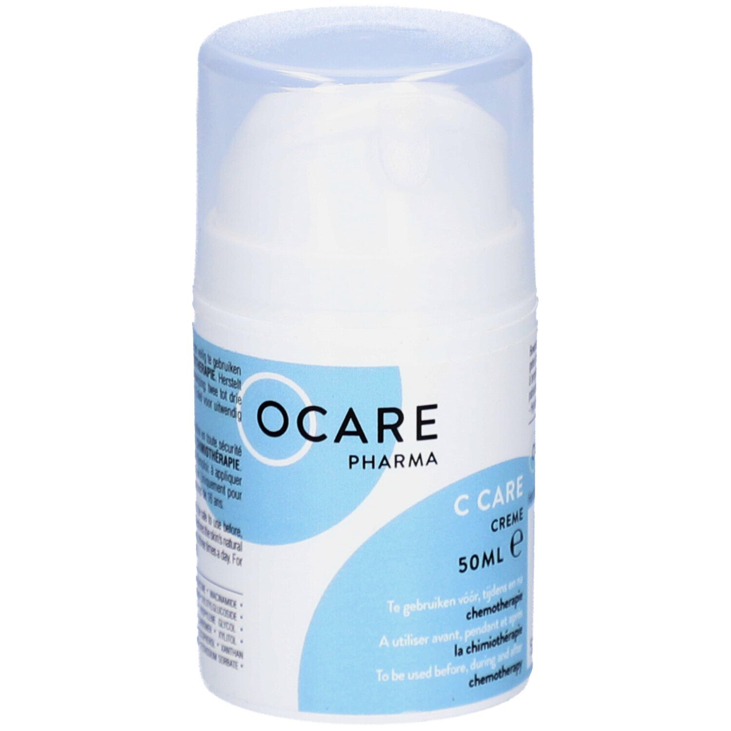 C Care Crème fles. OCARE PHARMA logo. Tekst: C Care Crème. 50ml. Te gebruiken tijdens chemotherapie.