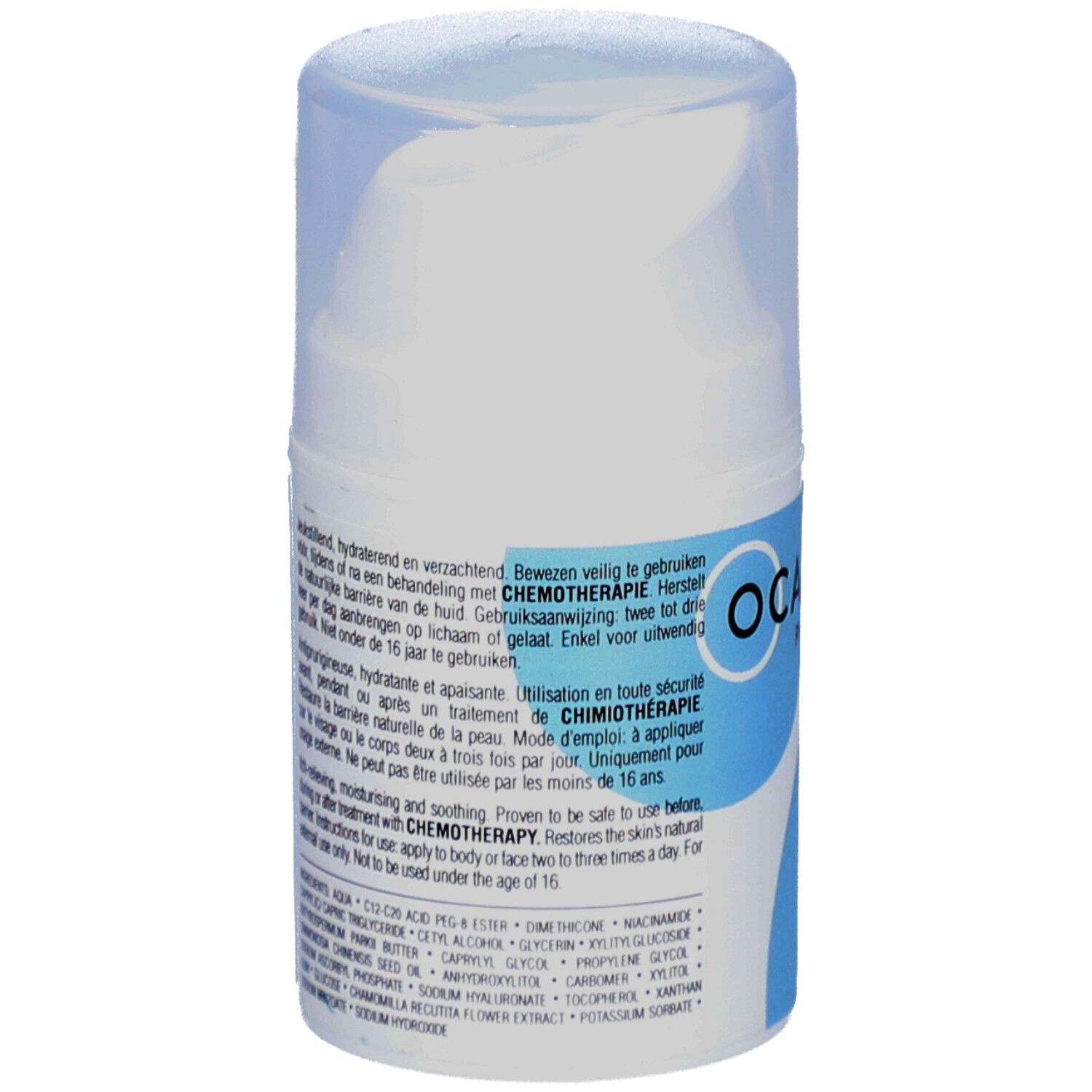 Achterkant van de C Care Crème fles. Tekst: Te gebruiken tijdens chemotherapie. Ingrediënten.