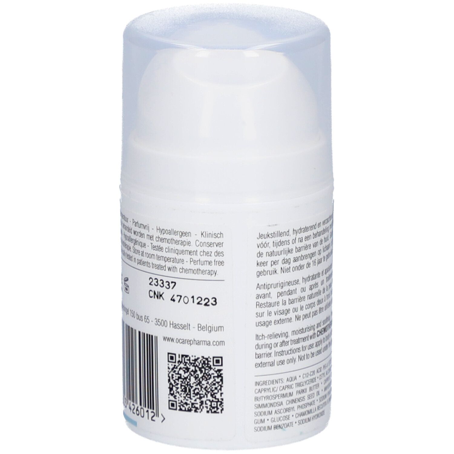 Achterkant van de C Care Crème fles. Tekst: Hypoallergeen. Klinisch getest. Adres en QR-code.