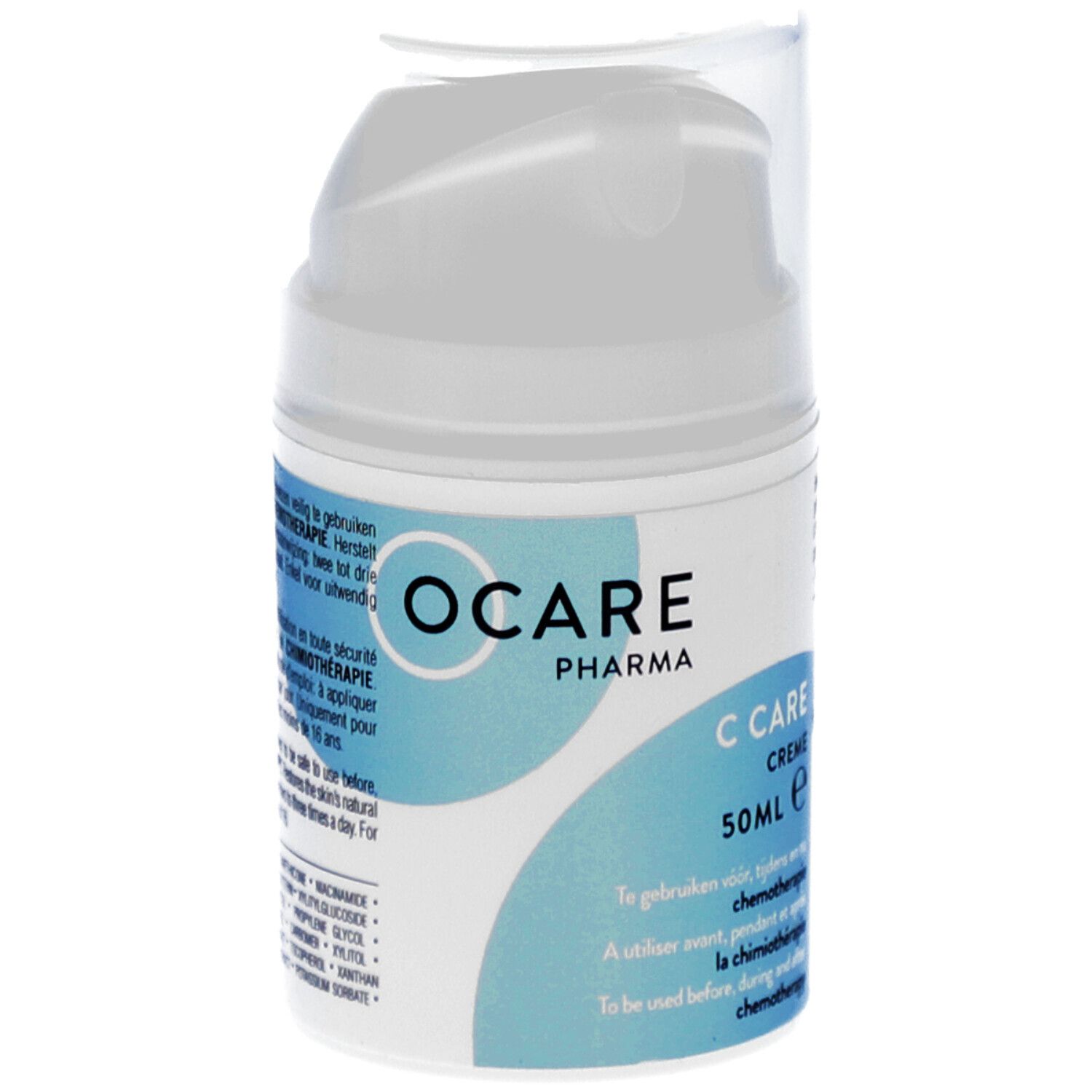 C Care Crème fles. OCARE PHARMA logo. Tekst: C Care Crème. 50ml. Te gebruiken tijdens chemotherapie.