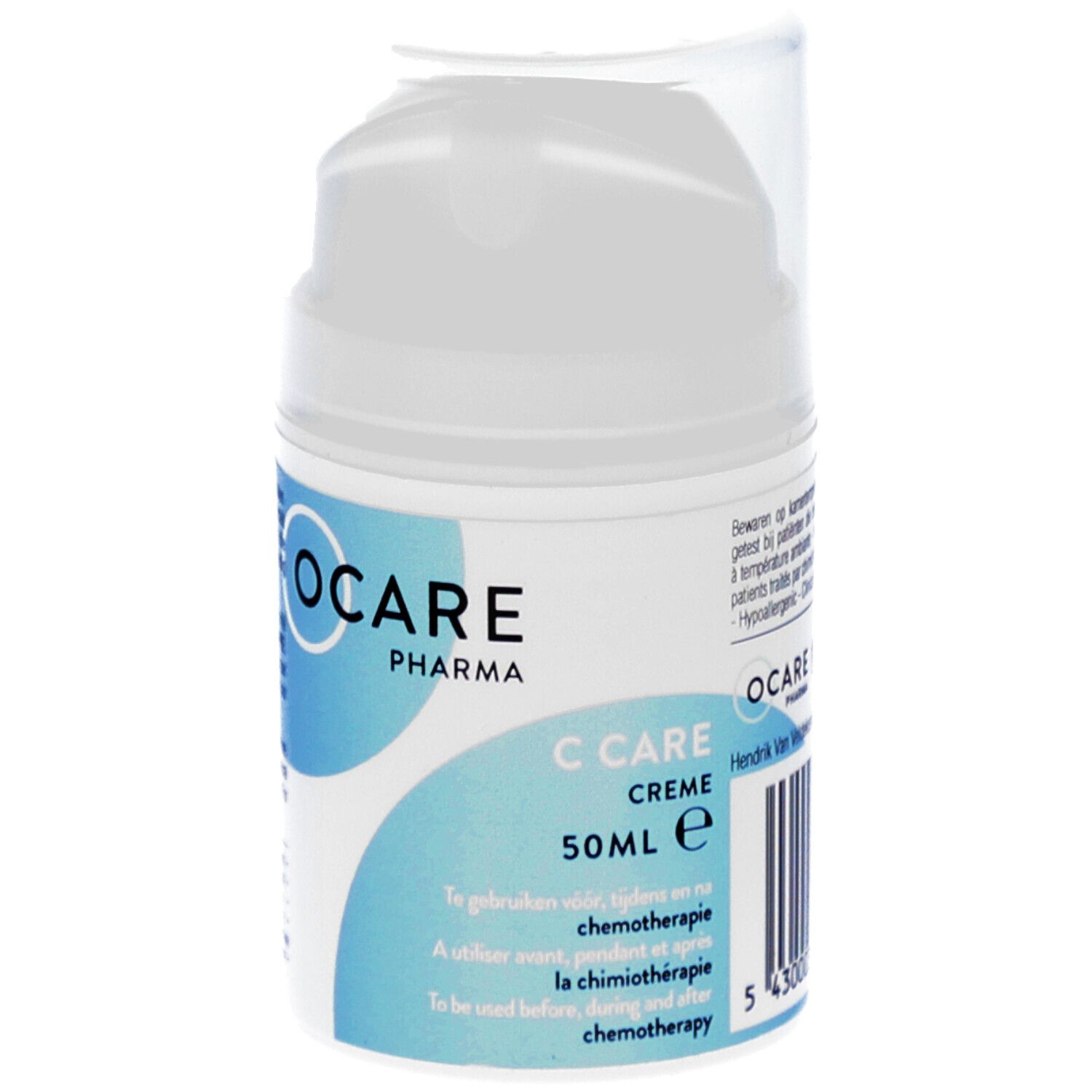 C Care Crème fles. OCARE PHARMA logo. Tekst: C Care Crème. 50ml. Te gebruiken tijdens chemotherapie.