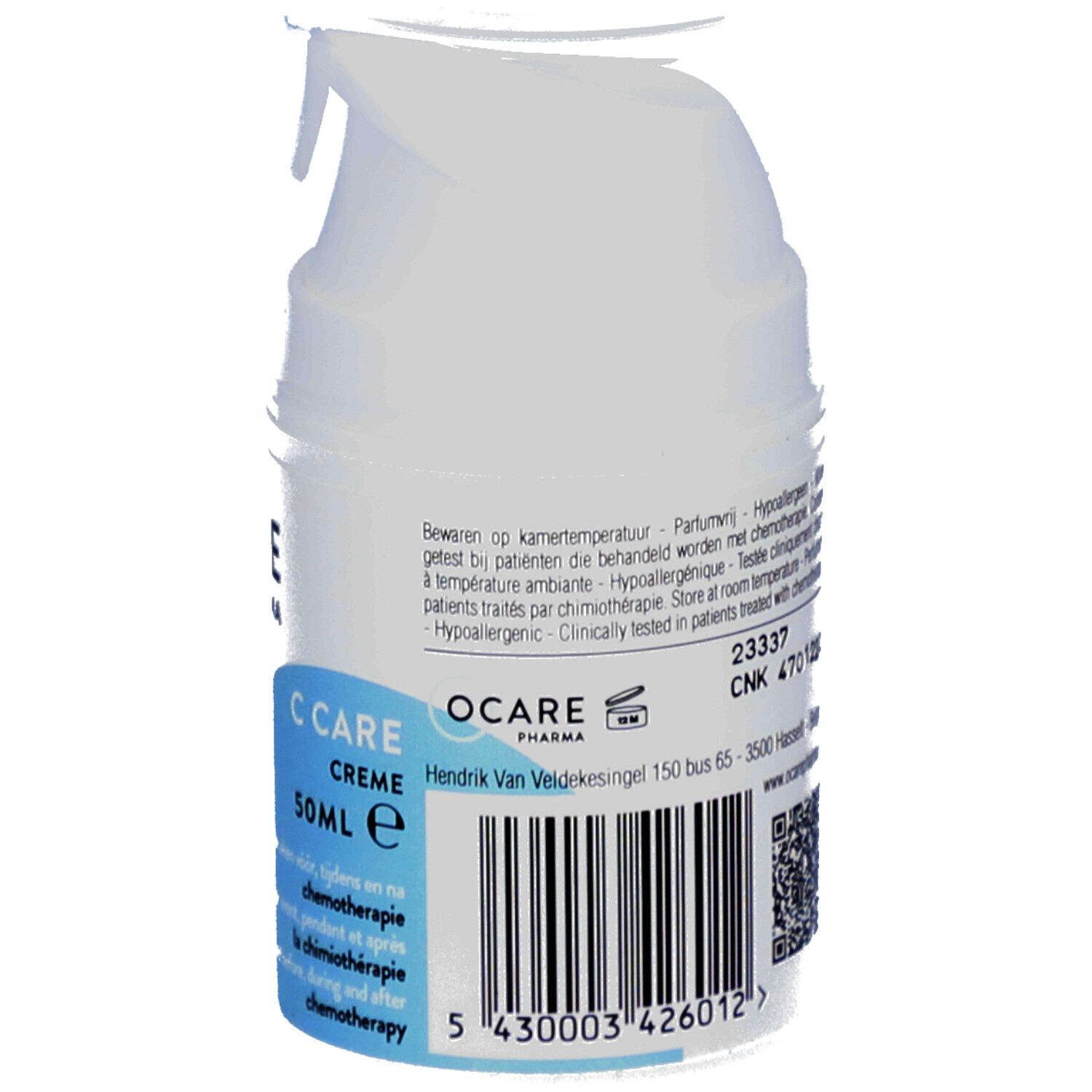 Achterkant van de C Care Crème fles. Tekst: C Care Crème. 50ml. OCARE PHARMA logo. Barcode.