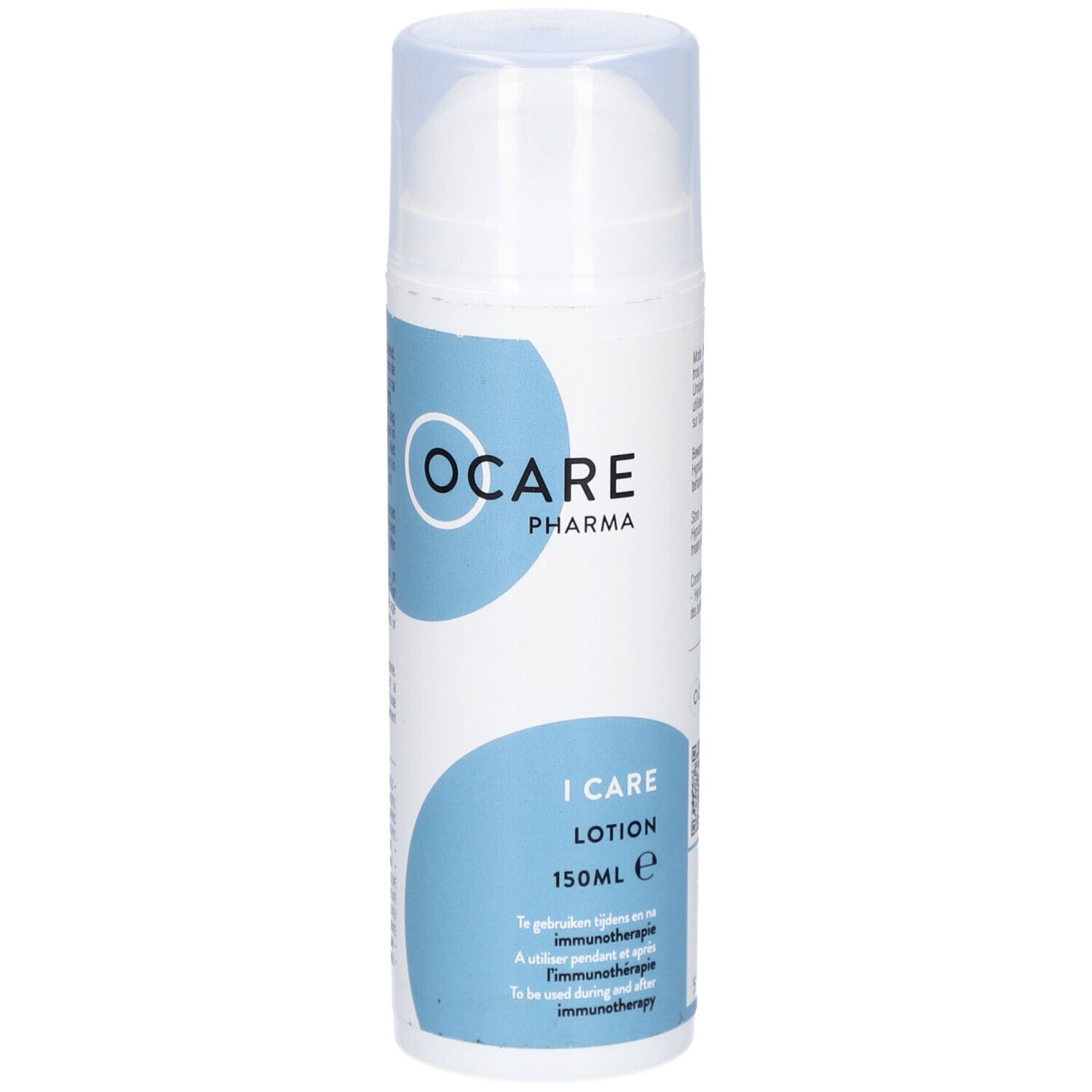 Flacon blanc avec étiquette bleue. Ocare Pharma, I Care Lotion, 150ml. Texte en allemand et anglais.