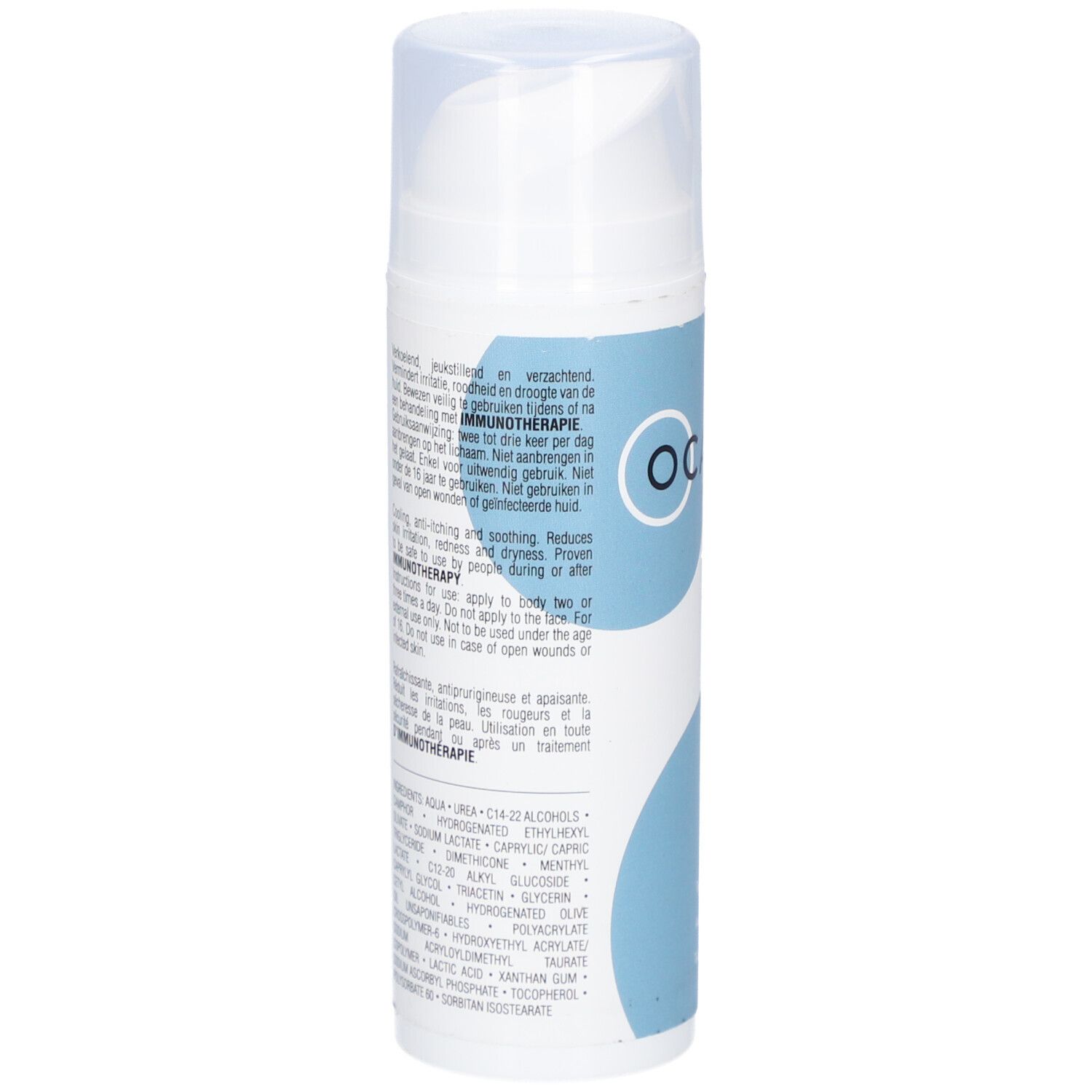 Dos du flacon blanc. Texte en allemand, anglais et néerlandais. Ocare Pharma, I Care Lotion.