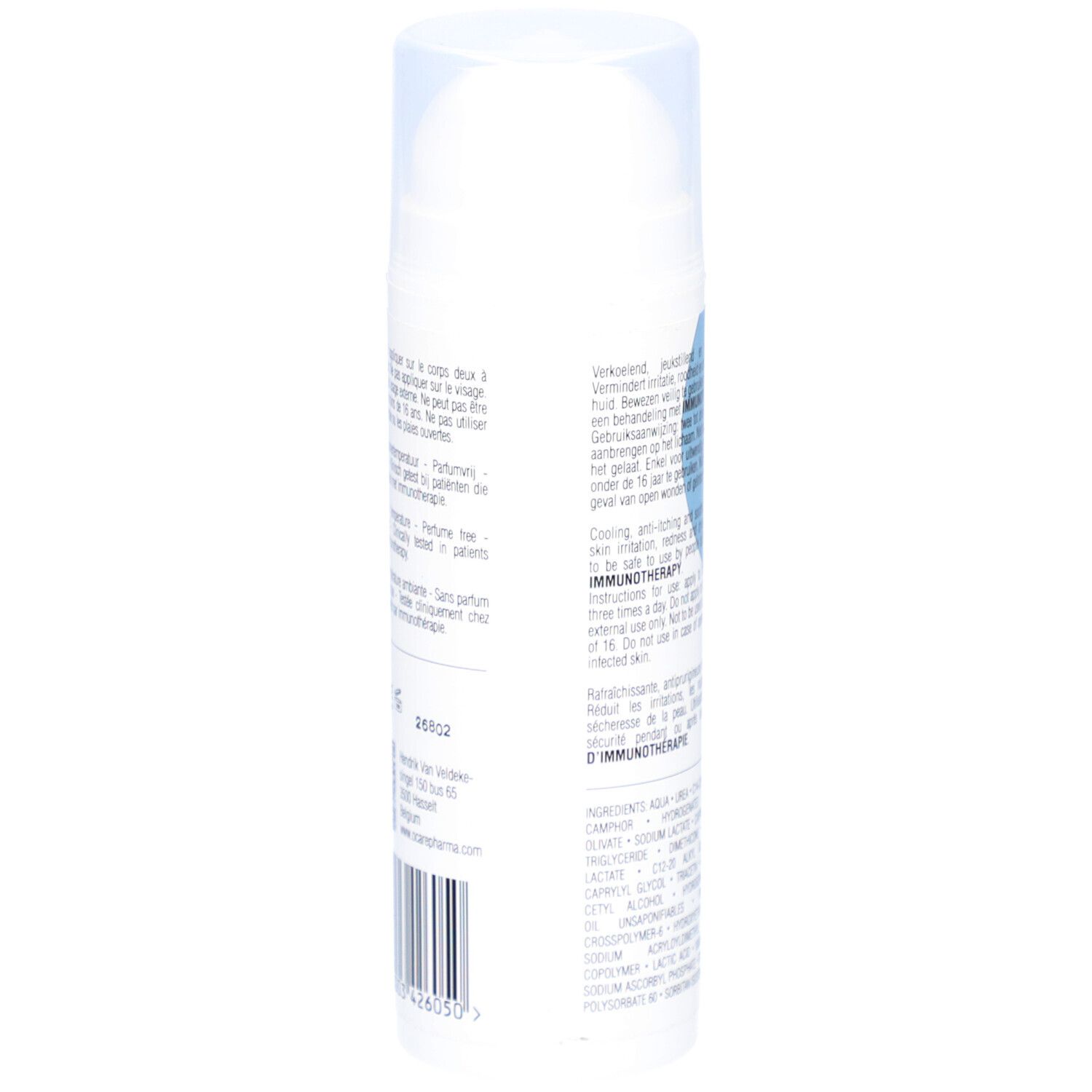 Vue latérale du flacon blanc. Texte en allemand, anglais et français. Ocare Pharma, I Care Lotion.