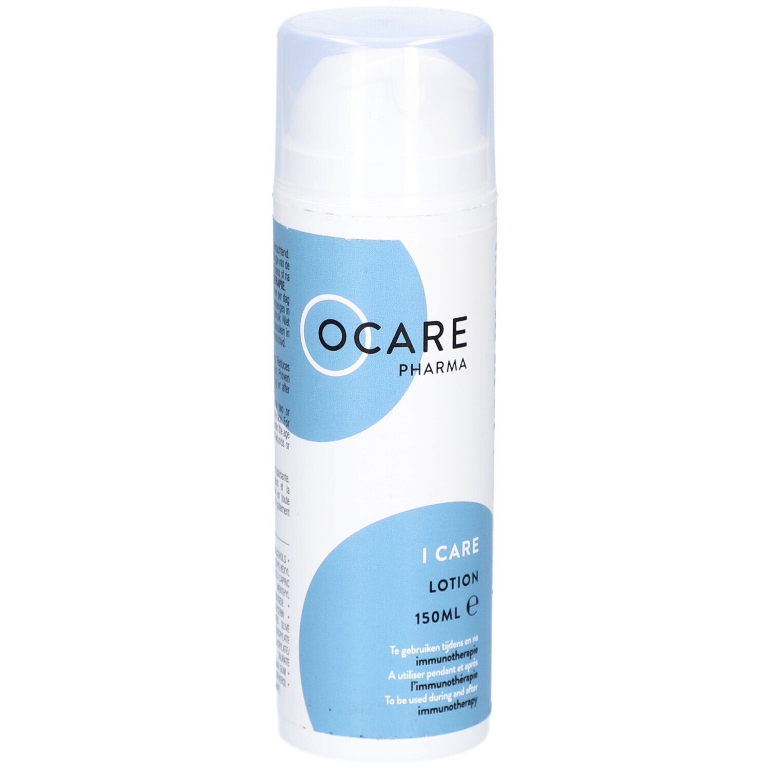 Flacon blanc avec étiquette bleue. Ocare Pharma, I Care Lotion, 150ml. Texte en allemand et anglais.