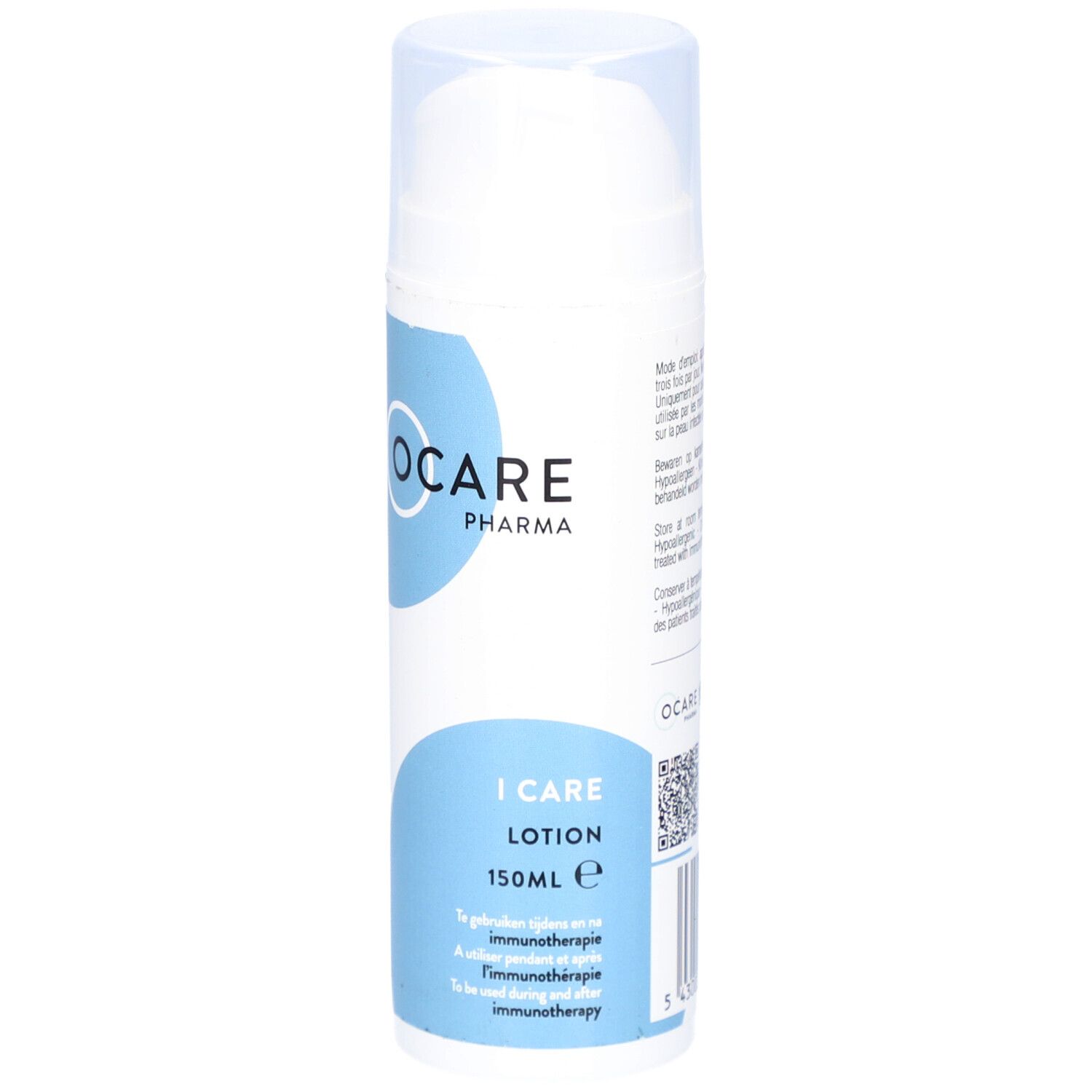 Flacon blanc avec étiquette bleue. Ocare Pharma, I Care Lotion, 150ml. Texte en allemand et anglais.