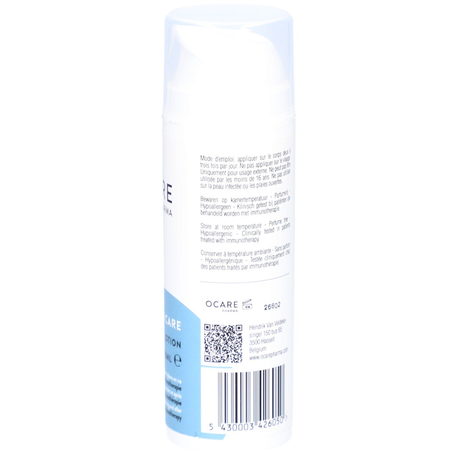 Dos du flacon blanc. Texte en allemand, anglais et français. Ocare Pharma, I Care Lotion.