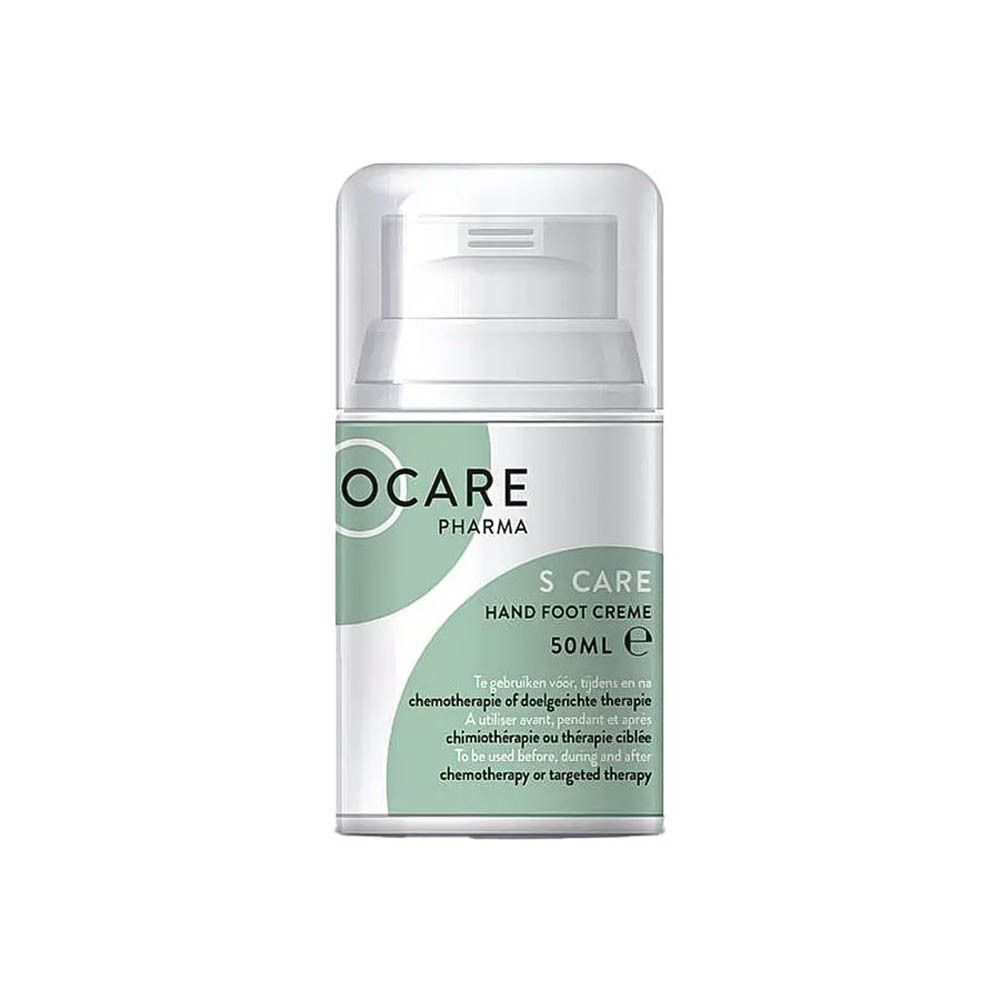 Flacon blanc avec bouchon pompe. Inscription: OCARE PHARMA, S CARE Hand Foot Creme, 50ml.