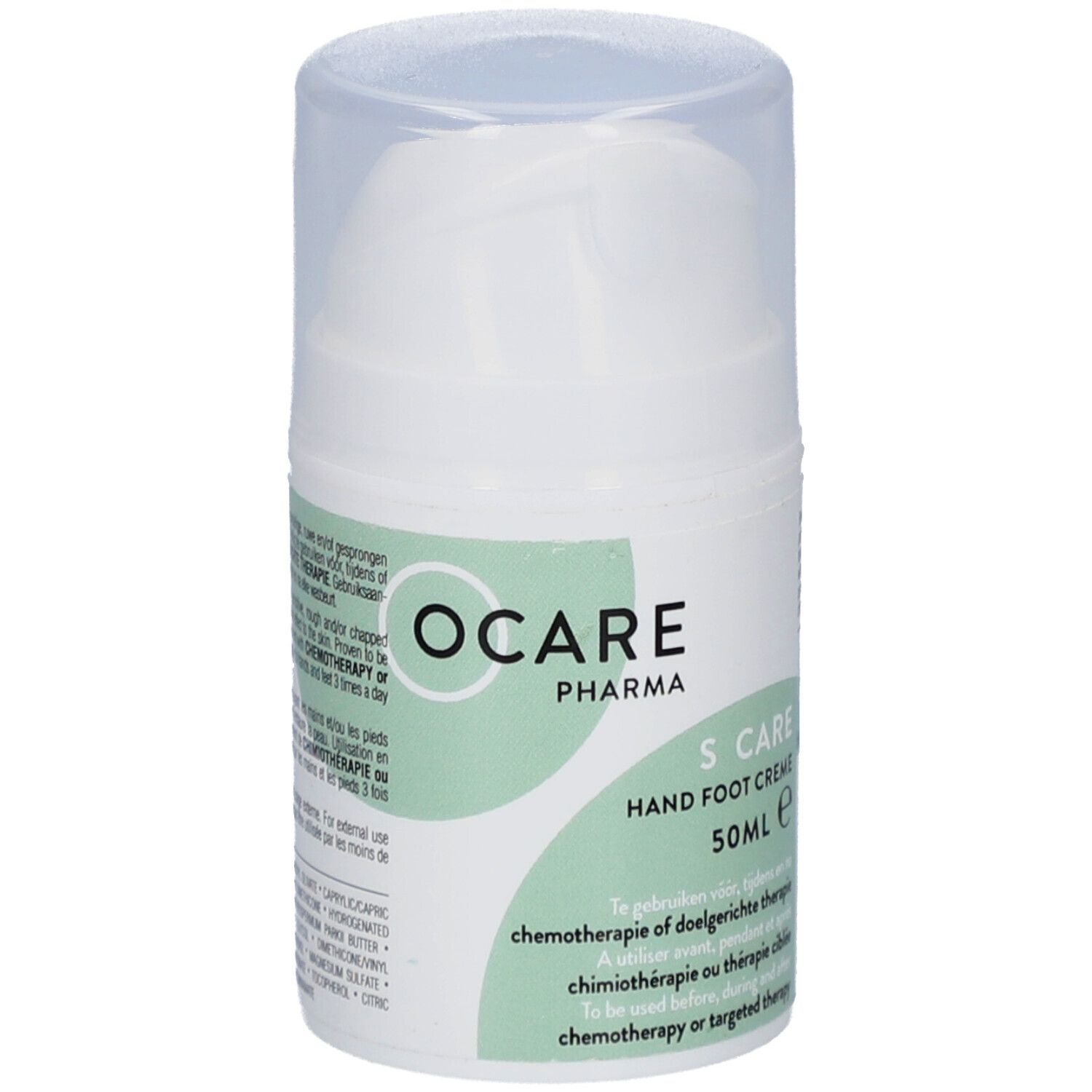Flacon blanc avec bouchon pompe. Inscription: OCARE PHARMA, S CARE Hand Foot Creme, 50ml.
