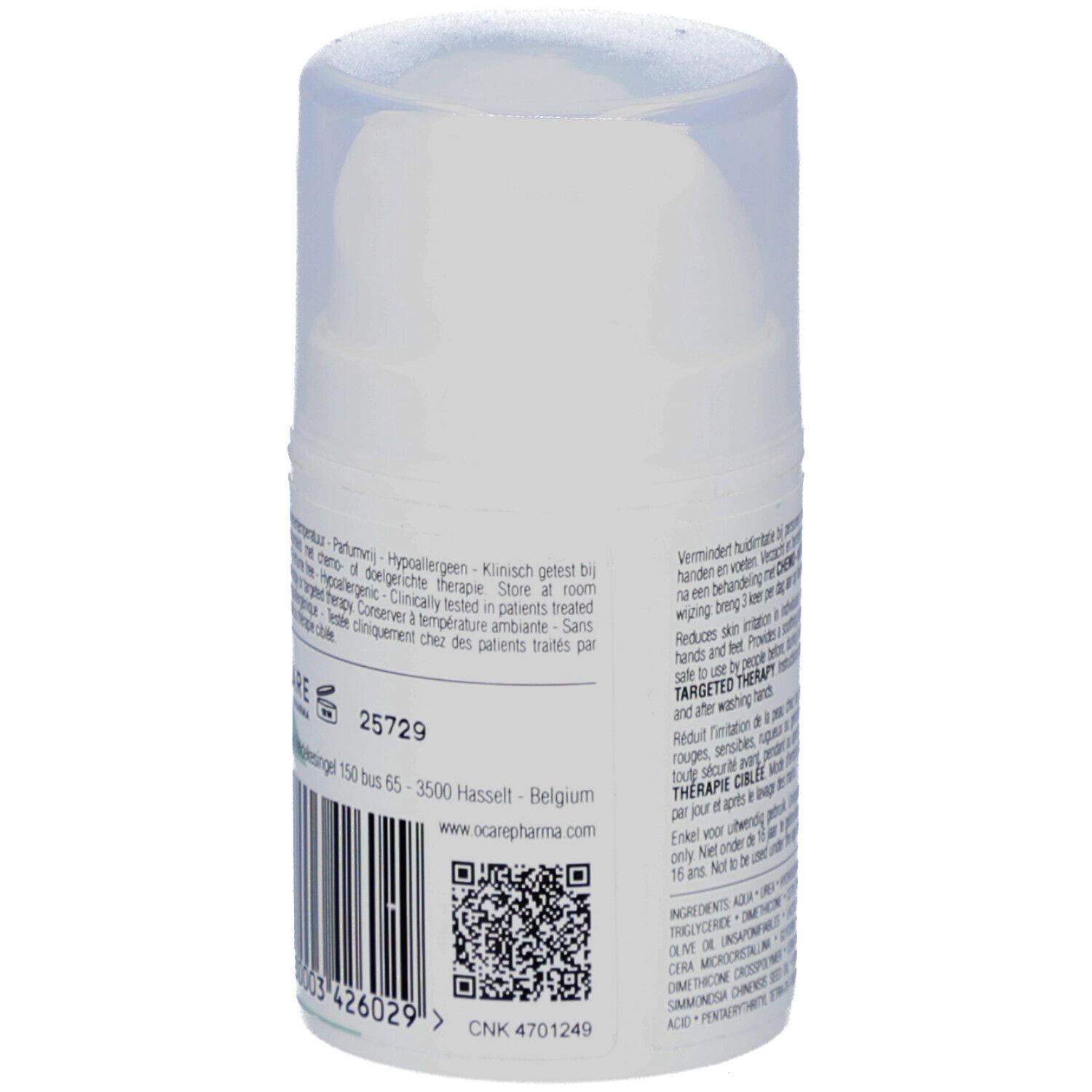 Dos du flacon blanc. Texte multilingue. Code-barres et QR code. Adresse.