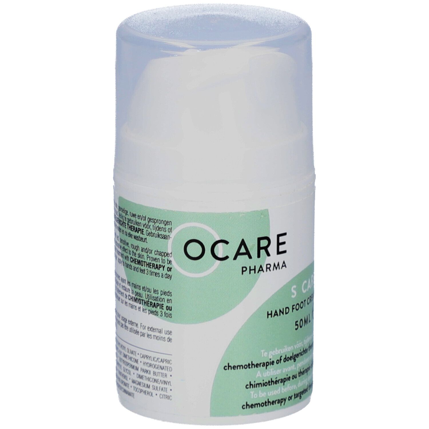 Flacon blanc avec bouchon pompe. Inscription: OCARE PHARMA, S CARE Hand Foot Creme, 50ml.
